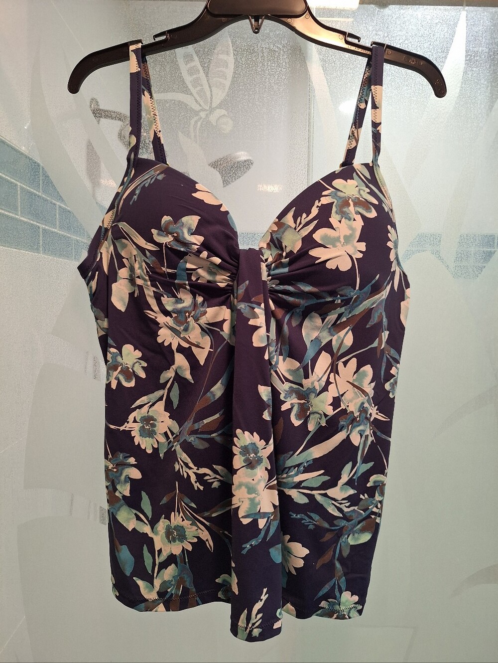 Floral Ruched Front Tank Top - Navy Blue